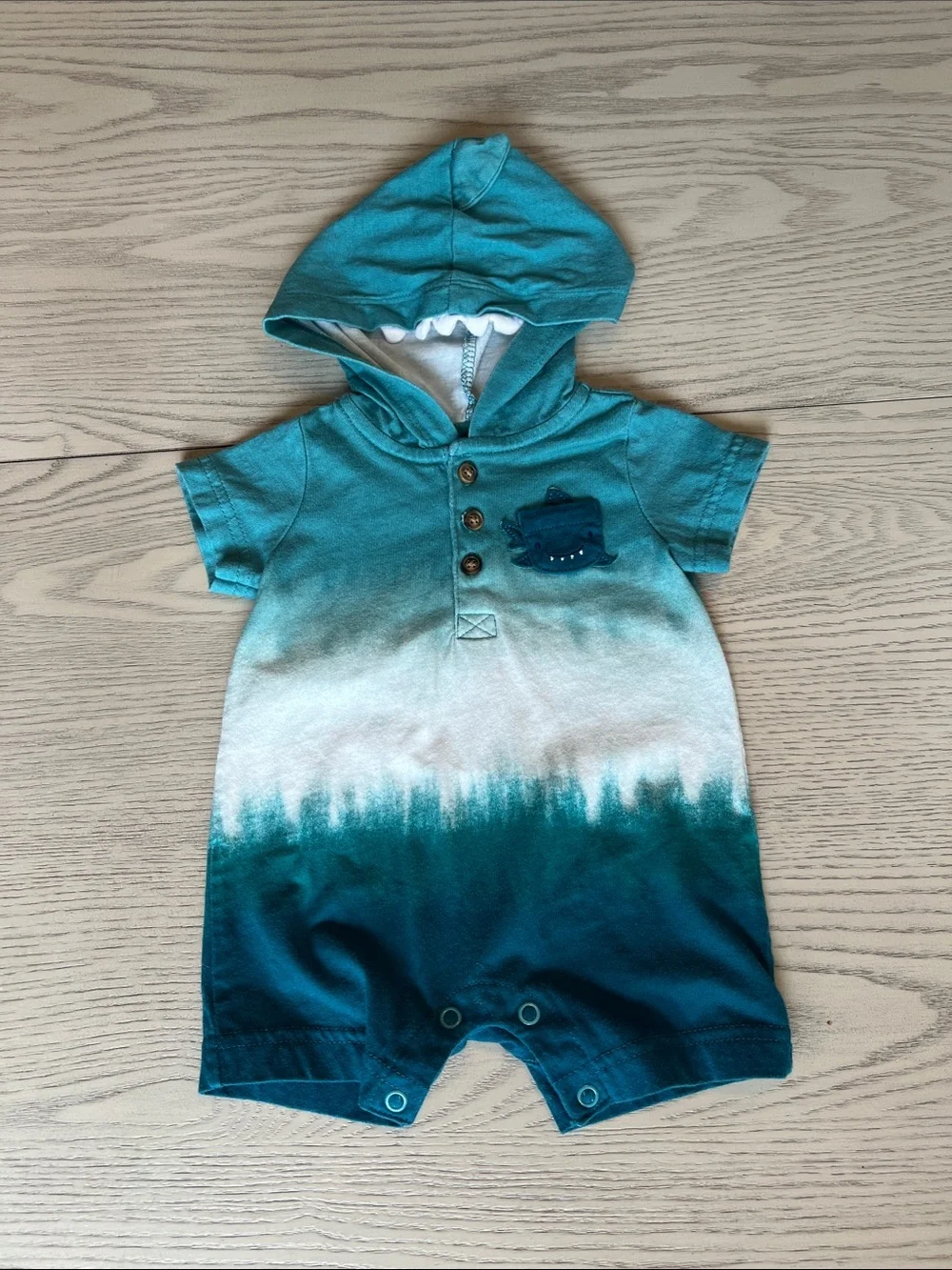 Gradient Teal Hooded One-Piece Romper